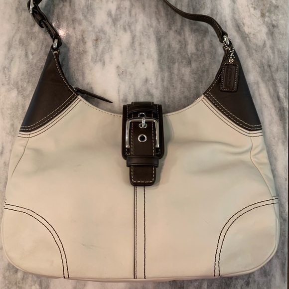 Coach Hobo Bag - Beige/Gray and Dark Brown Trim with Buckle and Silver Hardware. - Picture 1 of 9